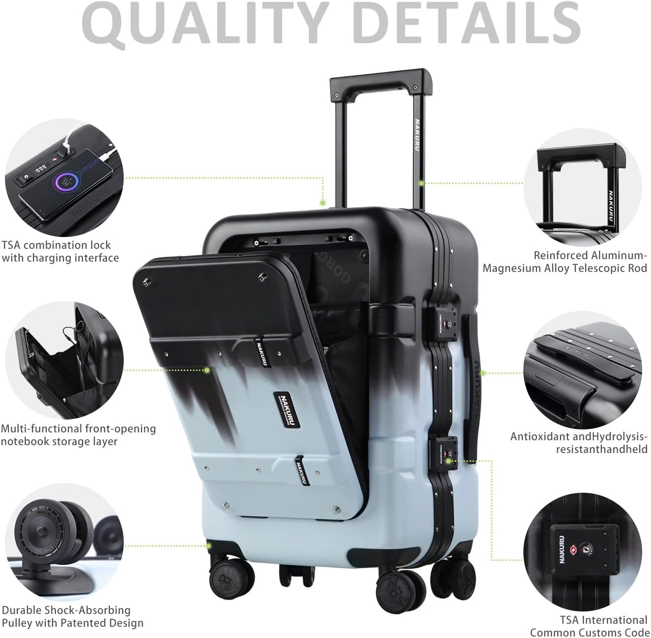 20 Inch Front-Opening Carry On Luggage, Ultra-Durable PC Shell with Reinforced 440G Aluminum Frame & TSA Lock, USB Port, 360° Silent Wheels for Air Travel(Clash Blue)