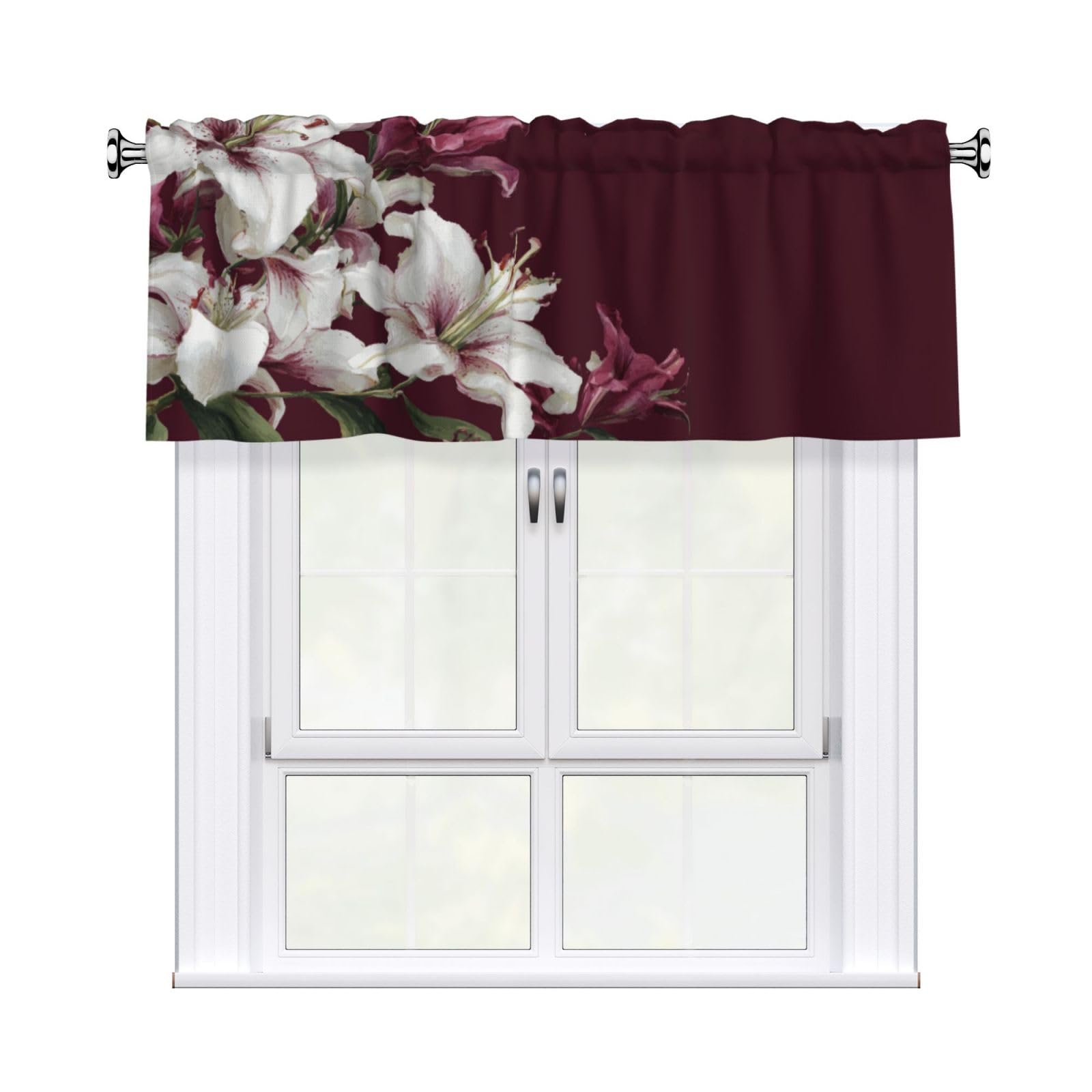 Woshuwo White Lilies Watercolor Flower Valances For Windows Rod Pocket Window Treatment Short Curtains For Kitchen Living Room Bedroom Decor 54x18in