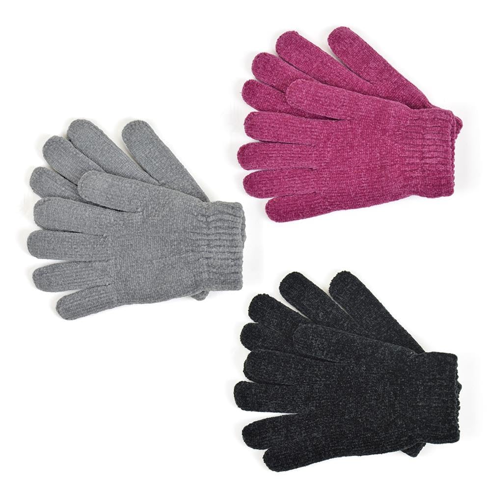 A2z Women's Pack Of 3 Gloves 3 Pack Thermal Warm Winter Chenille Gloves Full Fingers Fuzzy Stretchy Knitted Snow Mittens Walking Riding Driving Warm Gloves One Size Fits All