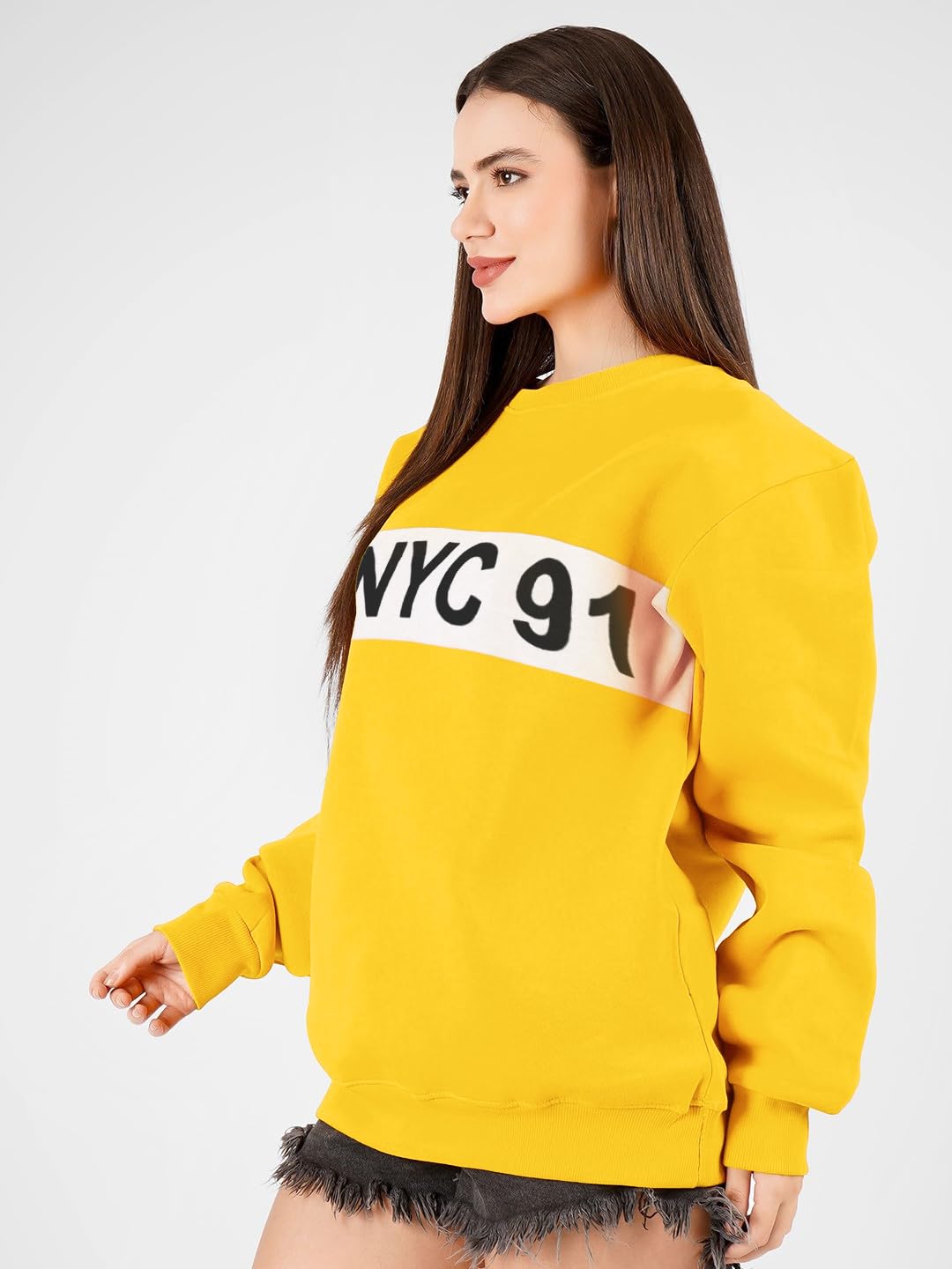 LEOTUDE Women's Loose Fit Full Sleeve Roundneck Loopknit Sweatshirt (GRL_Navy_Star_P_Mustard_M) - Image 2 thumbnail