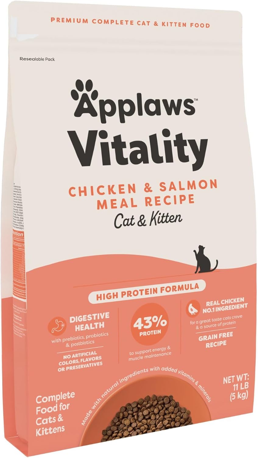 Applaws Vitality Natural Dry Cat Food with Added Vitamins and Minerals, Grain Free, Chicken and Salmon Recipe (11 Pound Bag)