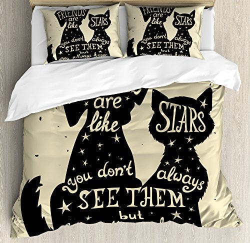 Exclusive Discount 🔥 Ambesonne Inspirational Duvet Cover Set, Cat and Dog Silhouettes with Friendship Themed Phrase and Stars Grungy Display, Decorative 3 Piece Bedding Set with 2 Pillow Shams, Queen Size, Black Tan