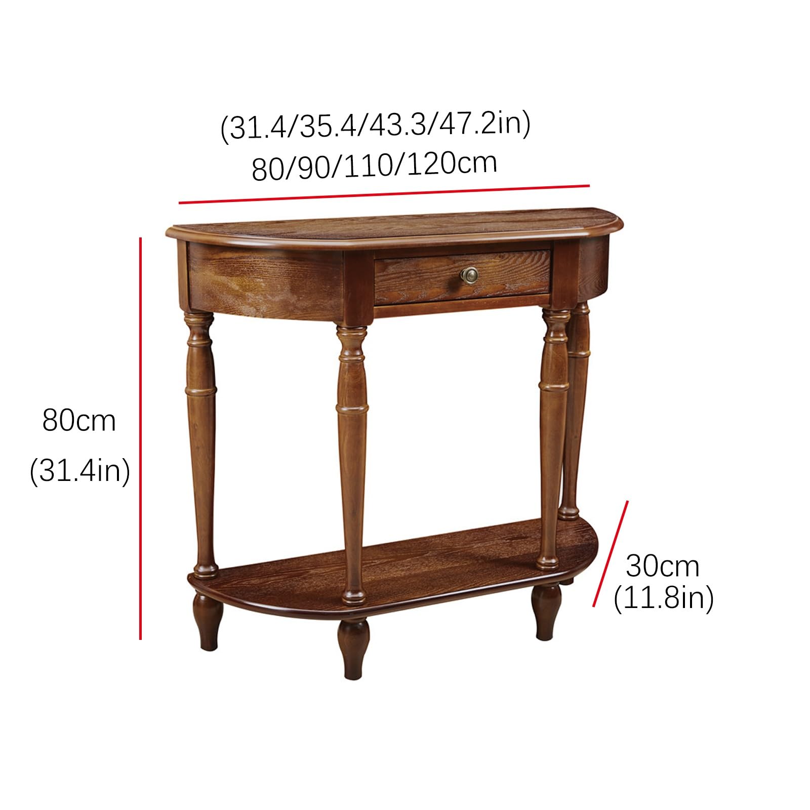 Mesa consola de media luna de madera maciza, mesa de entrada con cajón de almacenamiento, mesa de sofá semicircular para decoración de pasillo y entrada