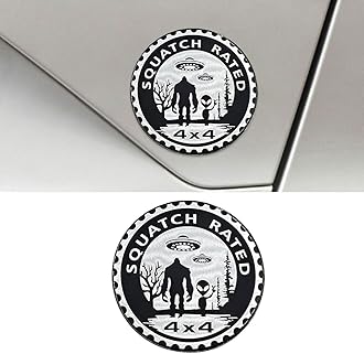 Squatch Badge Rated Car Emblem, 4 x 4 Round Automotive Emblem Decal, 3D Metal Car Exterior Decoration Sticker Compatible with Cars, Trucks, SUVs, Wrangler Vehicles (Alien)