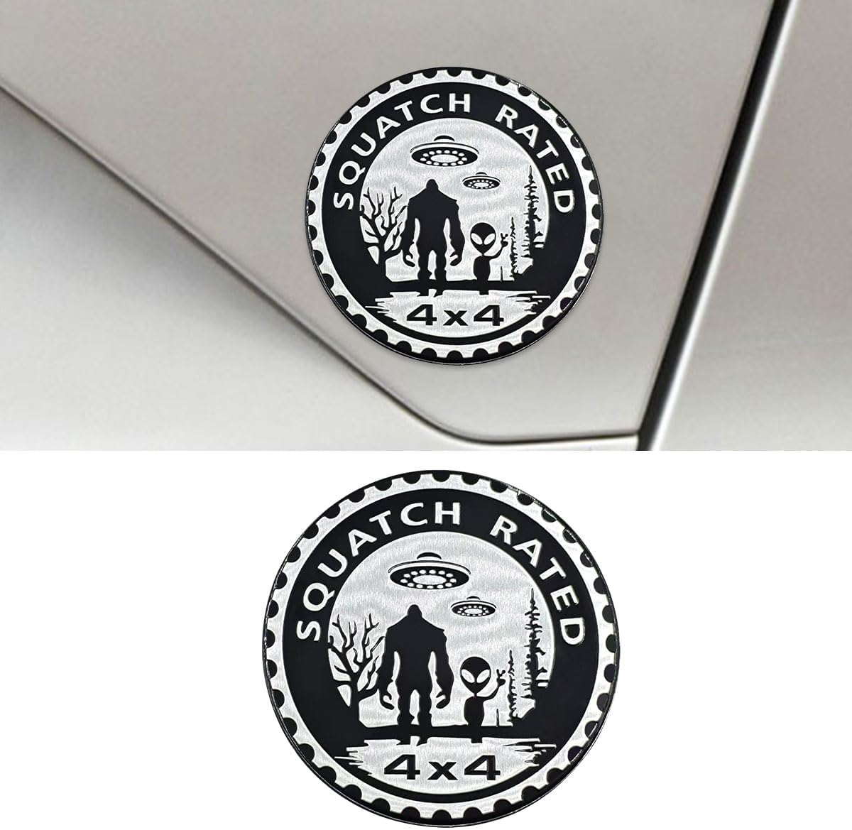 Squatch Badge Rated Car Emblem, 4 x 4 Round Automotive Emblem Decal, 3D Metal Car Exterior Decoration Sticker for Cars, Trucks, SUVs, Wrangler Vehicles (Alien)