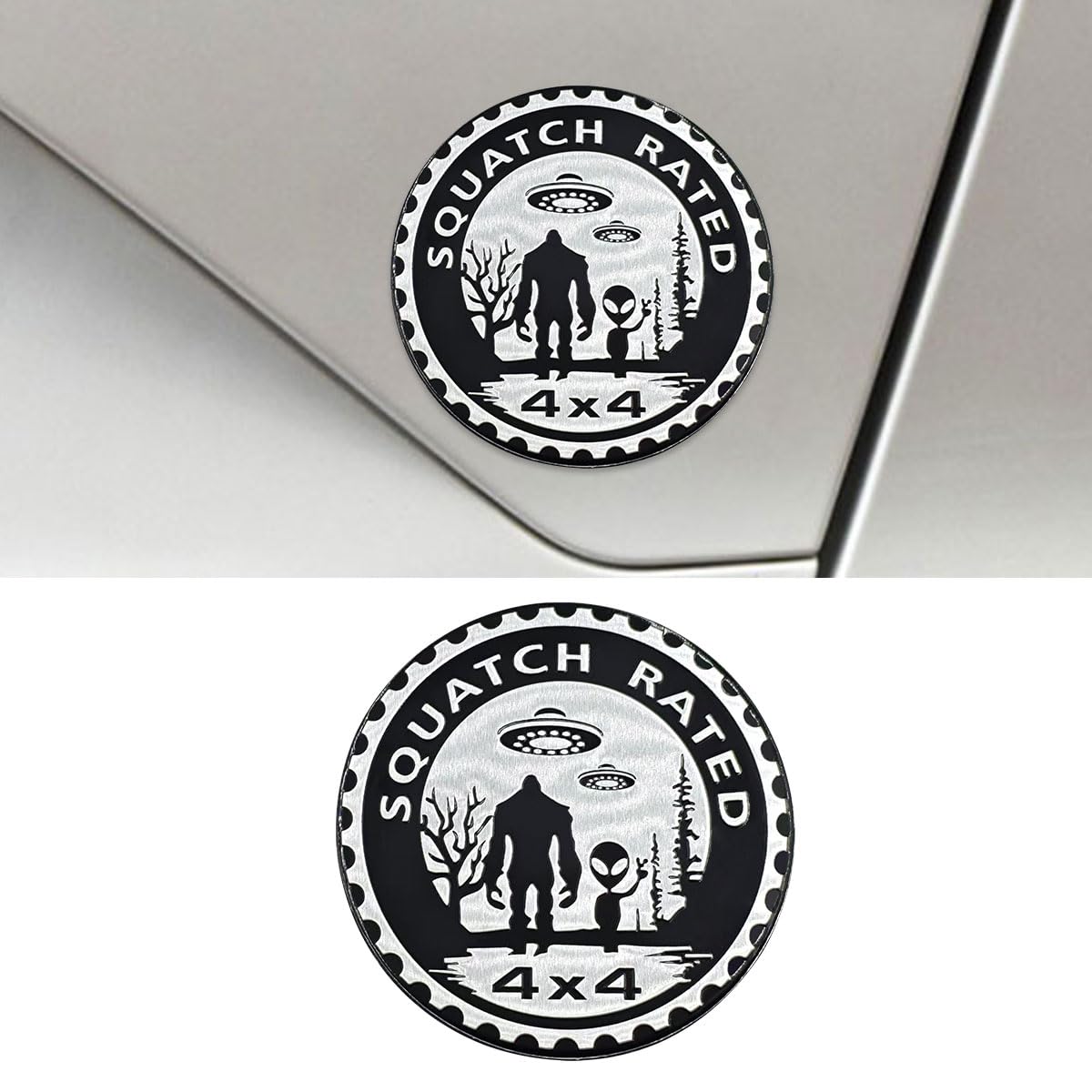 Squatch Badge Rated Car Emblem, 4 x 4 Round Automotive Emblem Decal, 3D Metal Car Exterior Decoration Sticker Compatible with Cars, Trucks, SUVs, Wrangler Vehicles (Alien)