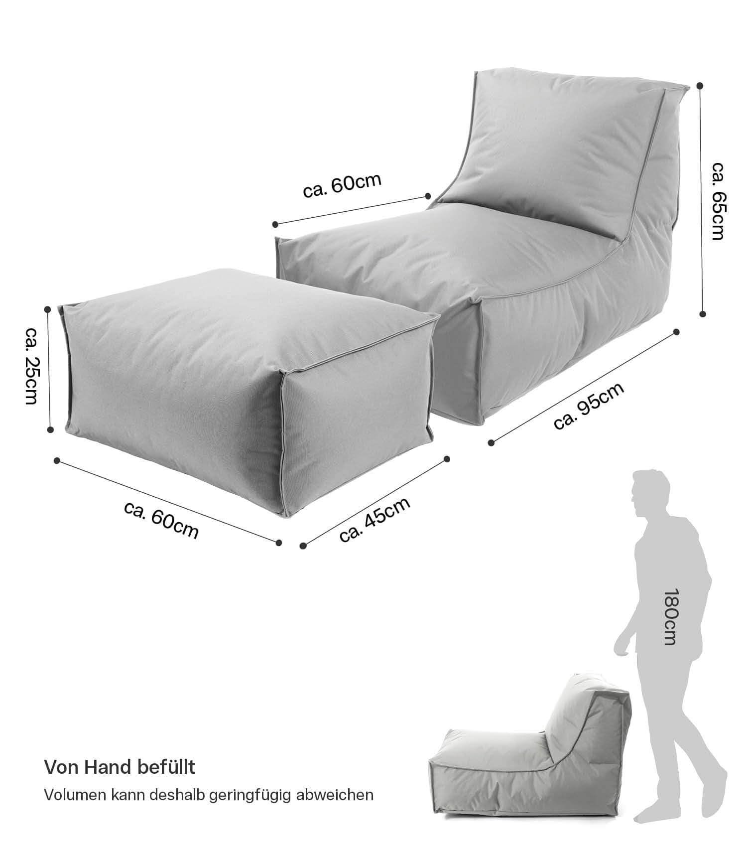 mokebo Sitzsack mit Hocker für Kinder & Erwachsene 'Der Sundowner', Bean Bag mit Füllung oder Bodenkissen für Indoor & Outdoor, auch als Liegekissen, Relaxliege oder Liege in Grau