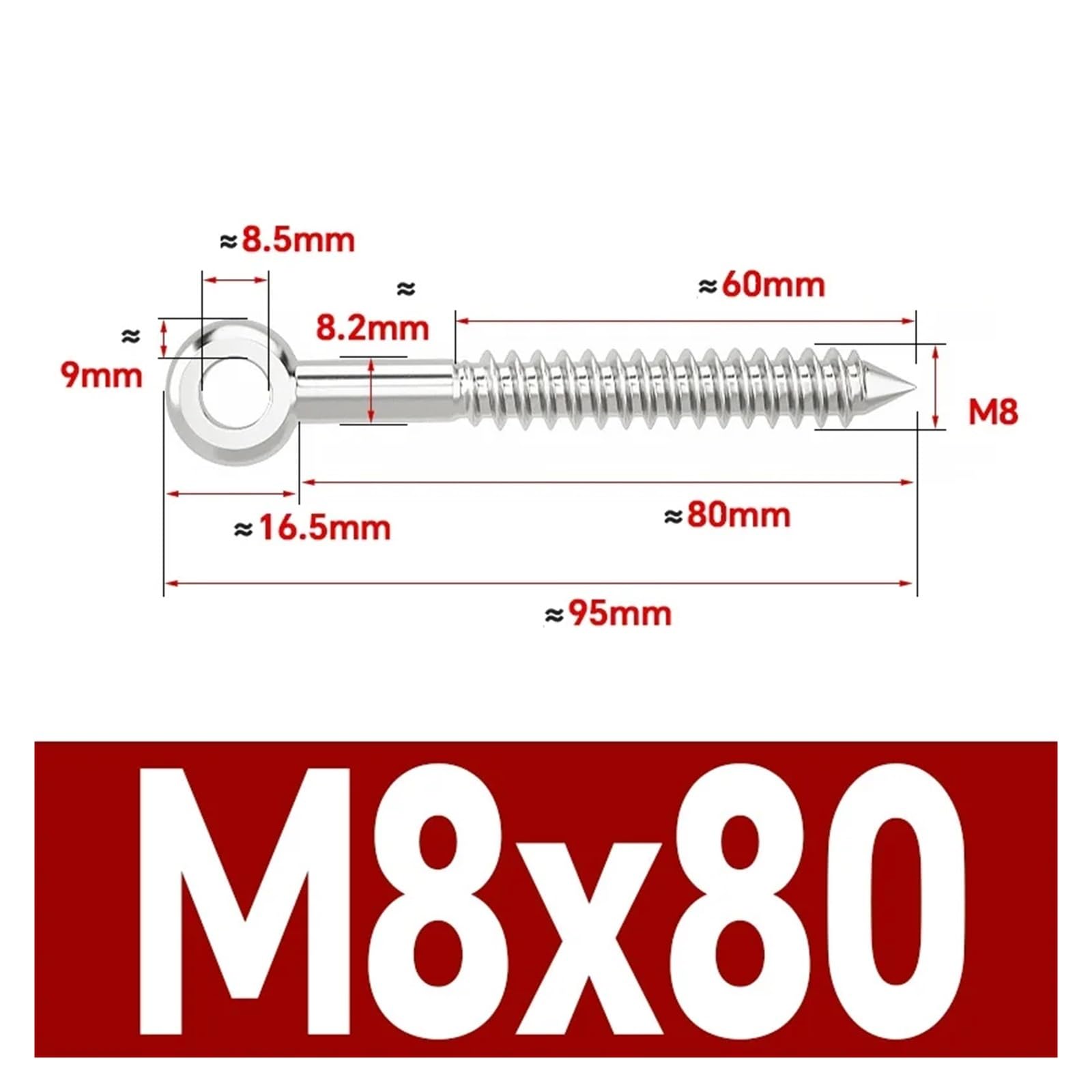 Pernos de Ojo de Acero CáNcamos Tornillos de ojo pez acero inoxidable 316 con orificio, autorroscantes for madera, pernos ojal, M4, M5, M6, M8, M10(M8x80mm-2pcs)