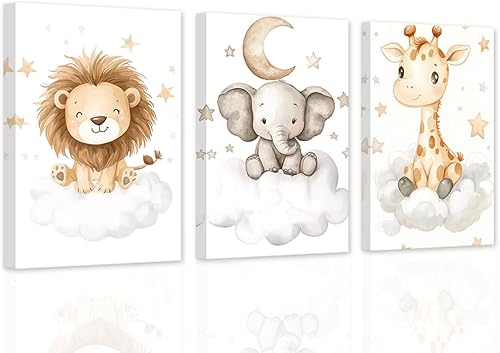 DOARTDO Lienzo decorativo para cuarto de bebé, 3 piezas, diseño de elefante, león, jirafa, pintura para habitación de niños, marco decorativo (12 x