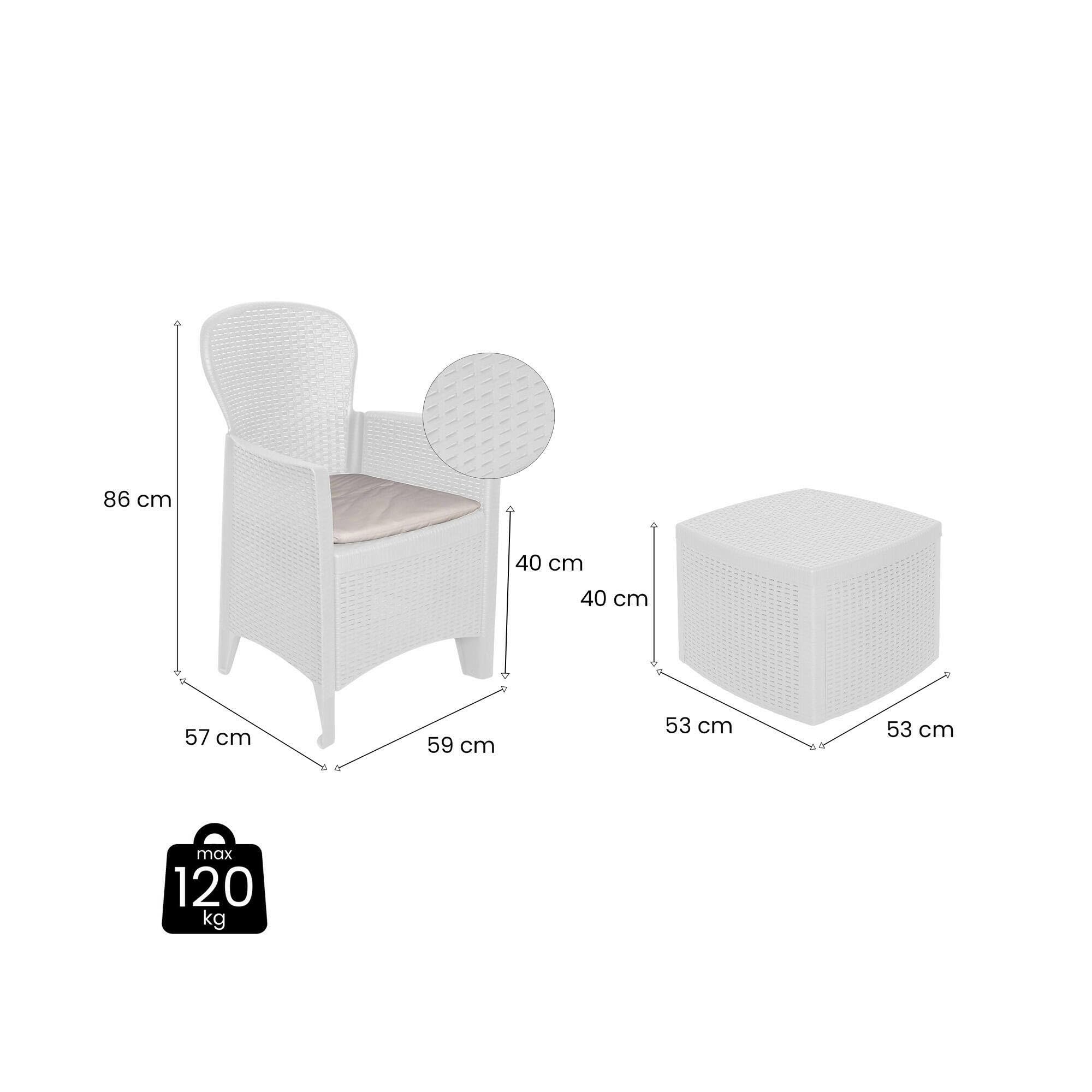 Dmora - Set Salotto da Esterno Anagni, Salottino Outdoor o Indoor, 4 poltrone con braccioli con Un tavolino Contenitore, Made in Italy, Bianco