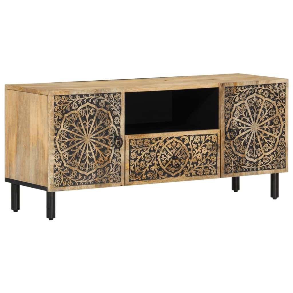 Szafka pod telewizor 105 x 33 x 46 cm z litego drewna mango, ręcznie rzeźbiony wzór, wytrzymały stół konsolowy z żelaznymi nogami, idealna do salonu, trwała, uniwersalna podstawka pod