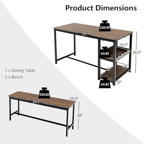 Miniatura 6 de Giantex Juego de mesa de comedor para 4, juego de mesa de cocina de 3 piezas de 55 pulgadas de largo con 2 bancos, mesa de desayuno con estante para