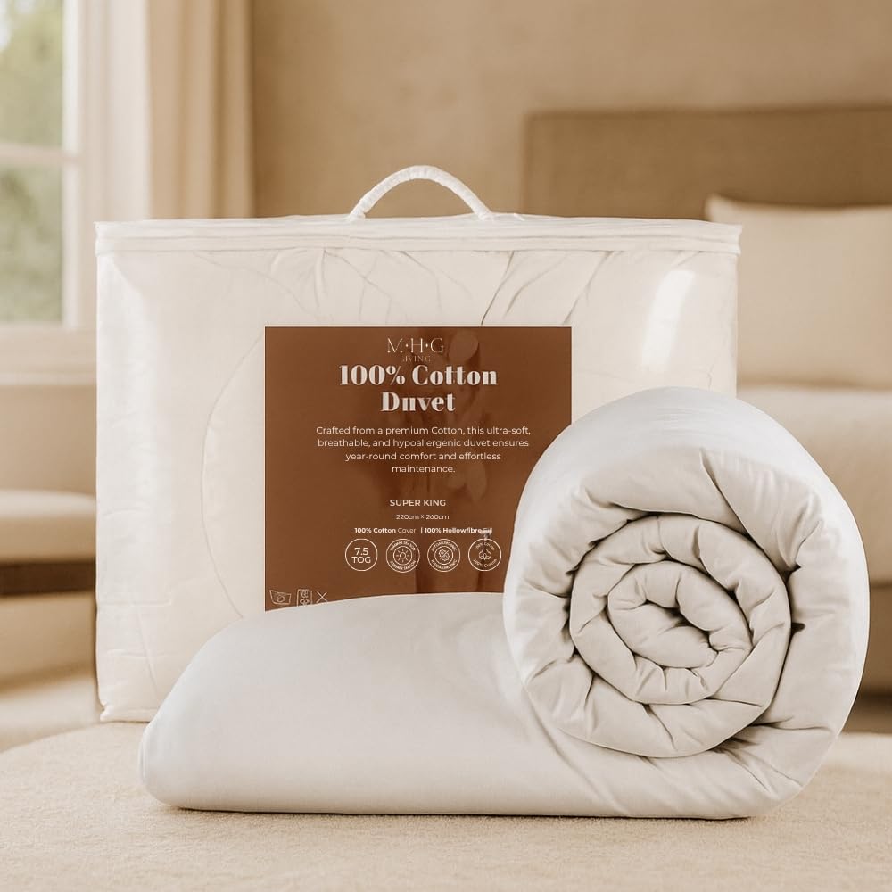 MHG Living 7.5 Tog Super King Duvet 260 x 220cm โ 100% Cotton All Season Quilt, Medium Warm Breathable Hypoallergenic Hollowfibre, Machine Washable & Made in UK