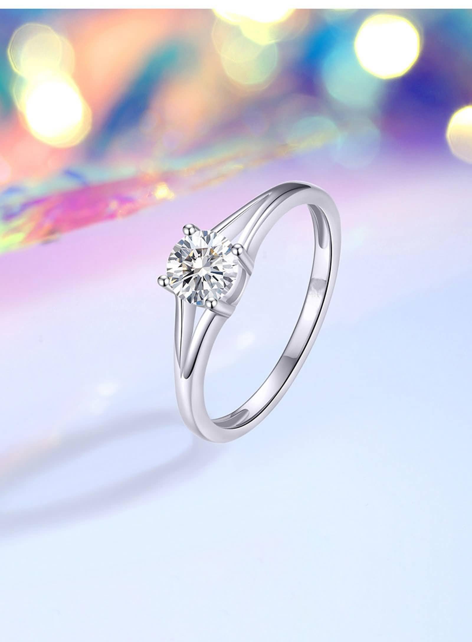 Anillo de compromiso solitario de moissanita de platino para mujer con moissanita de 0,5 quilates, anillos de boda simples para ella, oro blanco de 9 K/14 K/18 quilates/PT950 | Talla H 1/2-V 1