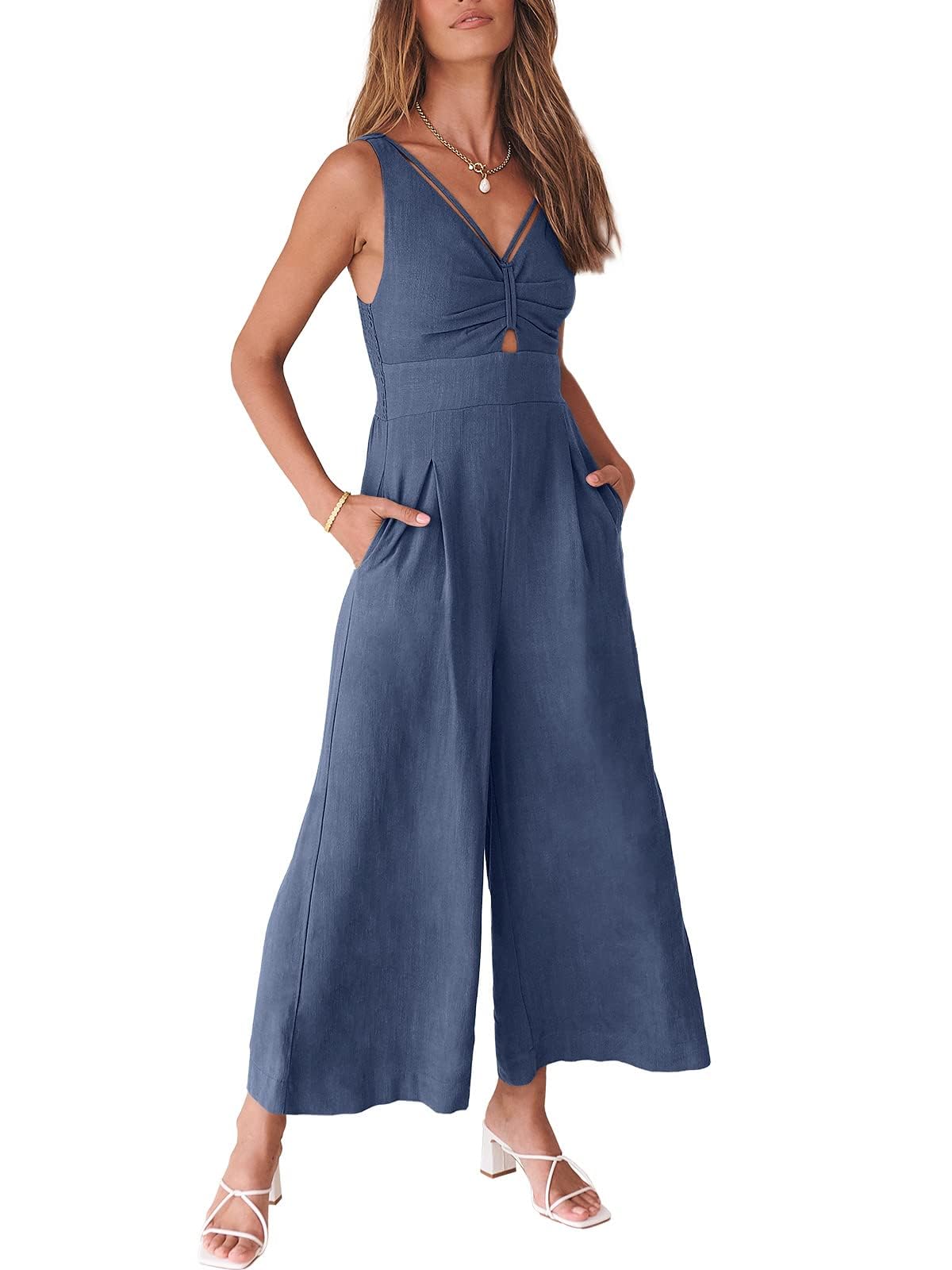 ANRABESSWomen's Jumpsuits Summer Wide Leg Sleeveless V Neck Casual Dressy Linen Pants Rompers 2025 Vacation Beach Outfits