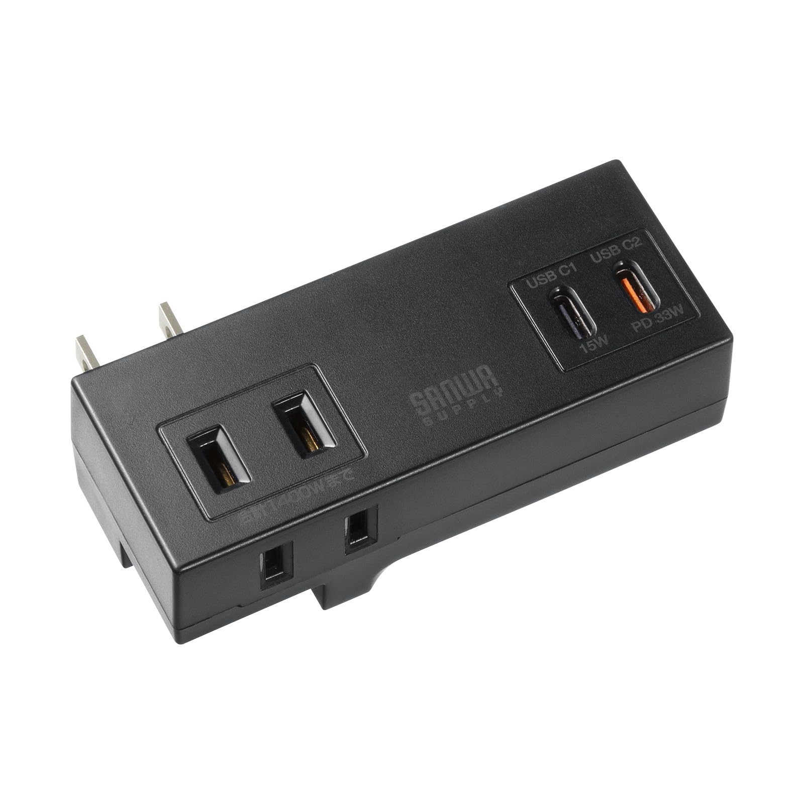 サンワサプライ 電源タップ PD33W (AC×2個口+USB Type-C×2) スイングプラグ 小型 モバイル ブラック TAP-MC2AC2BK