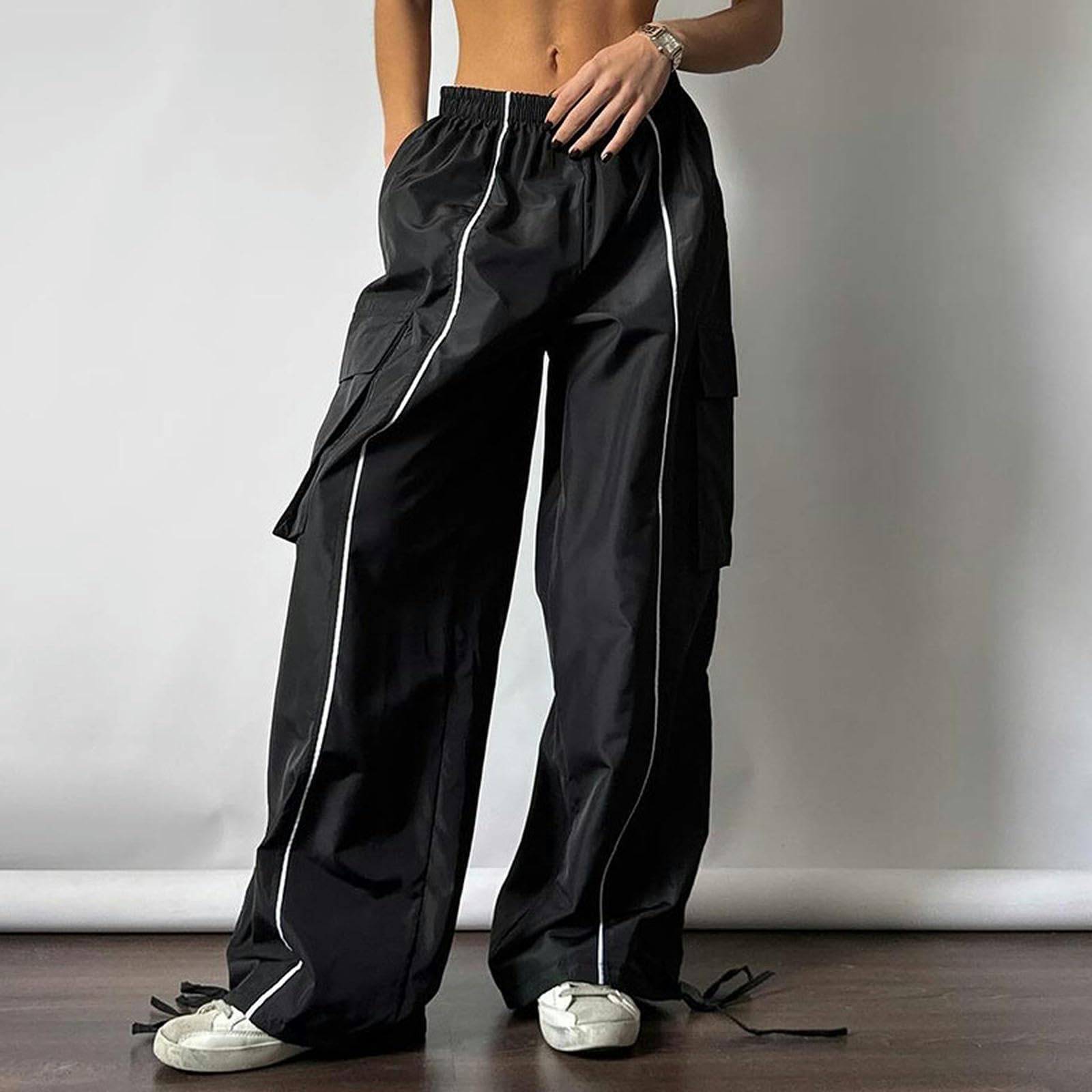 Costine Spesse da Strada Americana con Leggings di Colore a Contrasto, Tuta Ampia, Elastico in Vita, Pantaloni Casual Dritti - Nero - S