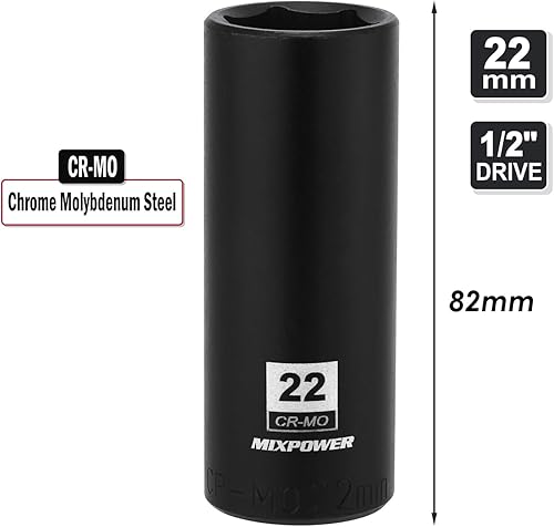 Miniatura 35 de MIXPOWER Enchufe de impacto profundo de 1/2", CR-MO, 1.417 in, métrico, 6 puntos, tuerca de eje de grado de impacto para una fácil extracción