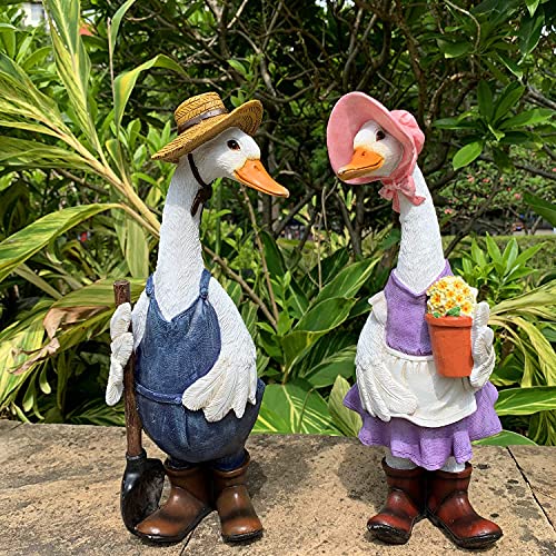 Ironrain IR-YUANDINGYA-2 COLORS Garden Statues Gardener Couple Duck, Indoor Outdoor Decorations Cute Ducks Art Décor Goose Figurine Ornament thumb #4