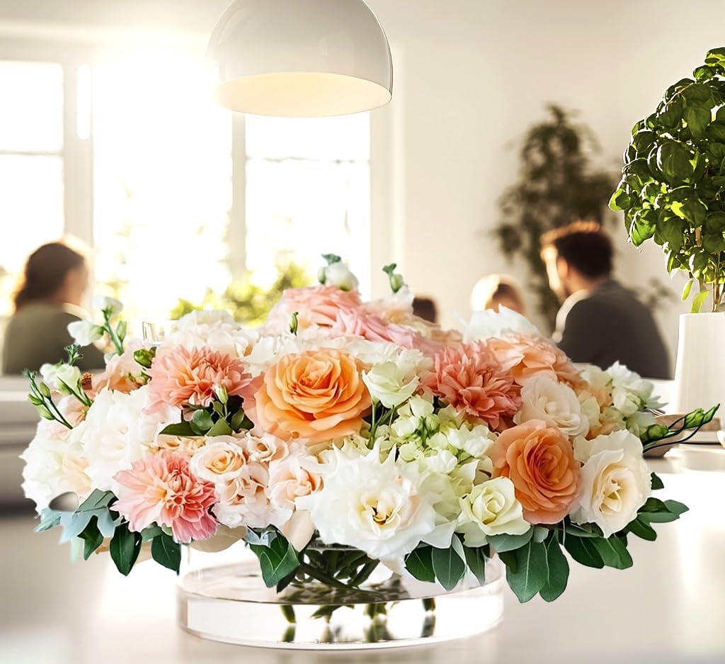 2PACK Large Clear Acrylic Flower Vases with 21 Holes, 8” Round Short Centerpiece Vase for Table Decor Wedding Birthday Home DecorationAcrylic Vase with Holes