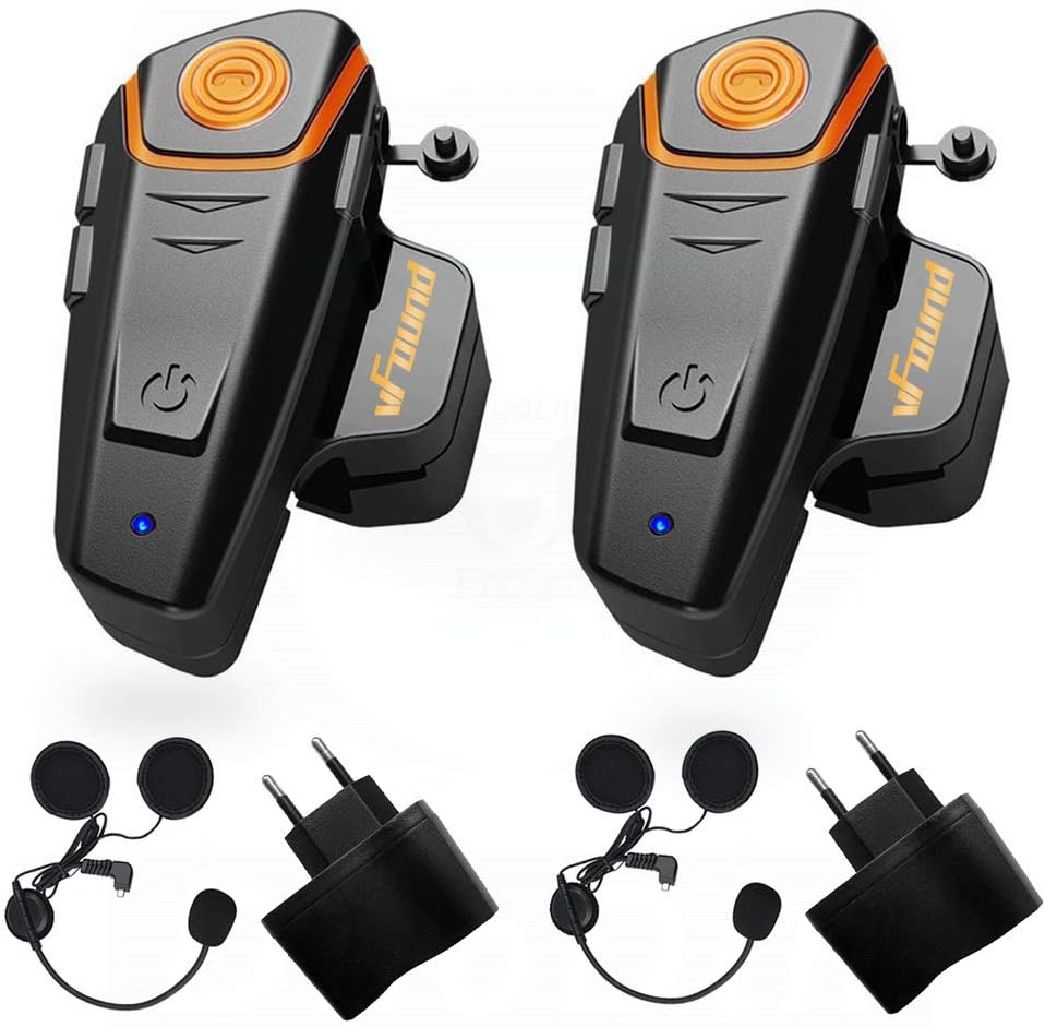 vFoundBT-S2 1000m Bluetooth Headset Waterproof Motorcycle Motorbike Helmet Intercom Interphone for 2 or 3 riders and Audio for Walkie Talkie GPS Hands Free MP3 player FM Radio (2 Pack)