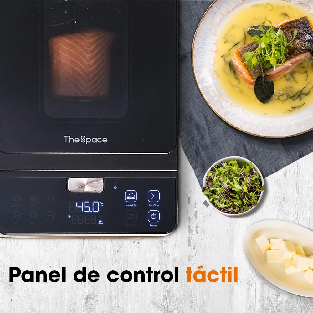 The Space Máquina para Cocinar al Vacío sin Bolsas | Neovide NSV100 Sella, Cocina Sous Vide y Marina todo en 1 con App de Control y Sonda Incorporada | Capacidad 3L, 46,7x26,3x20,8cm, 650W | Con sonda integrada, sabor preservado, forma y textura, ideal pa
