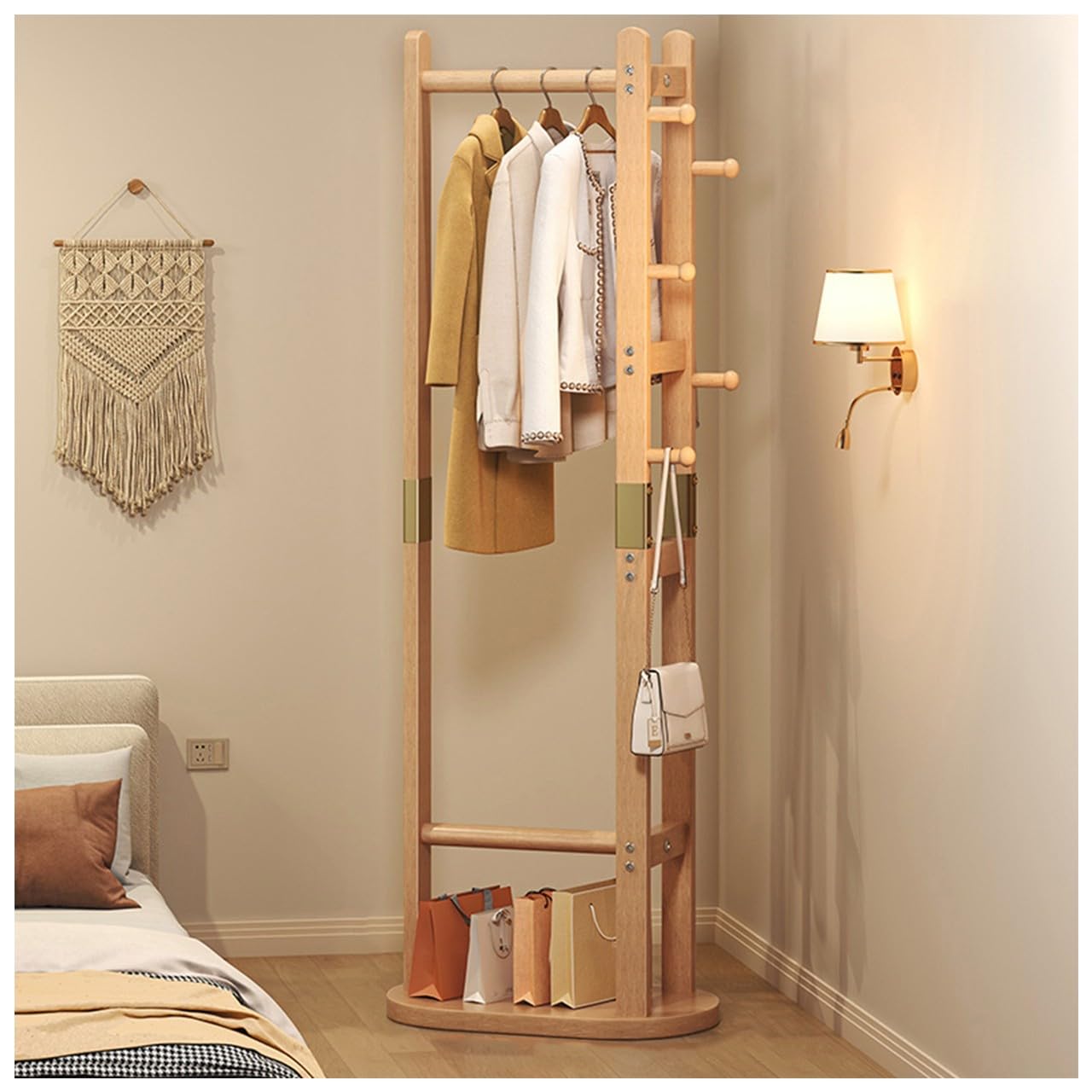 BEARQUN Retro Wooden Coat Rack, Industrial Coat Rack with Hooks and Shoe Storage, for Clothes/Bags/Hats: 40/48/60/70CM, Sturdy Freestanding Coat Rack : Walnut/Wood/White