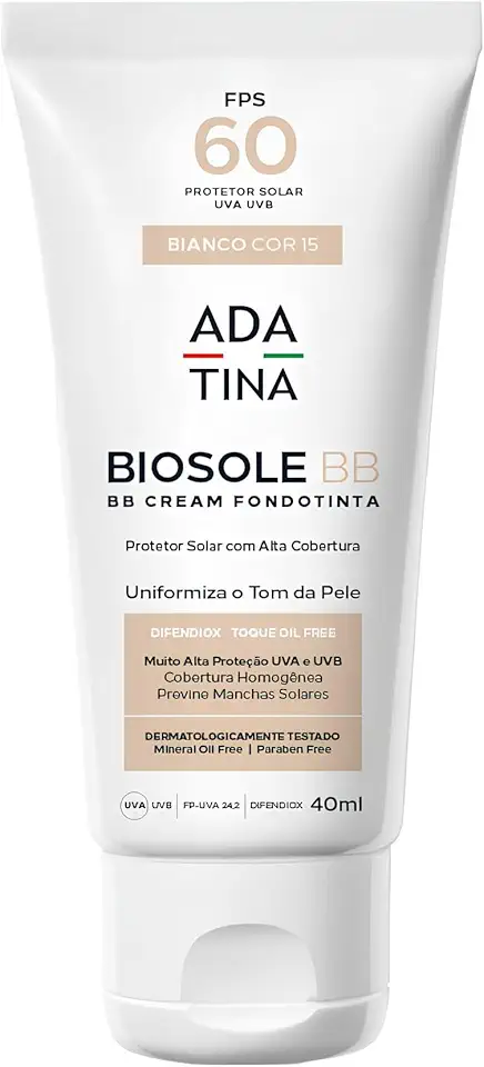 Ada Tina Protetor Solar Facial com Cor Biosole BB FPS 60 40ml | Cor 15 Bianco | Alta Cobertura | Toque Seco | Uniformiza o Tom de Pele | Anti-Manchas | Antioxidante | 12 Horas de Proteção