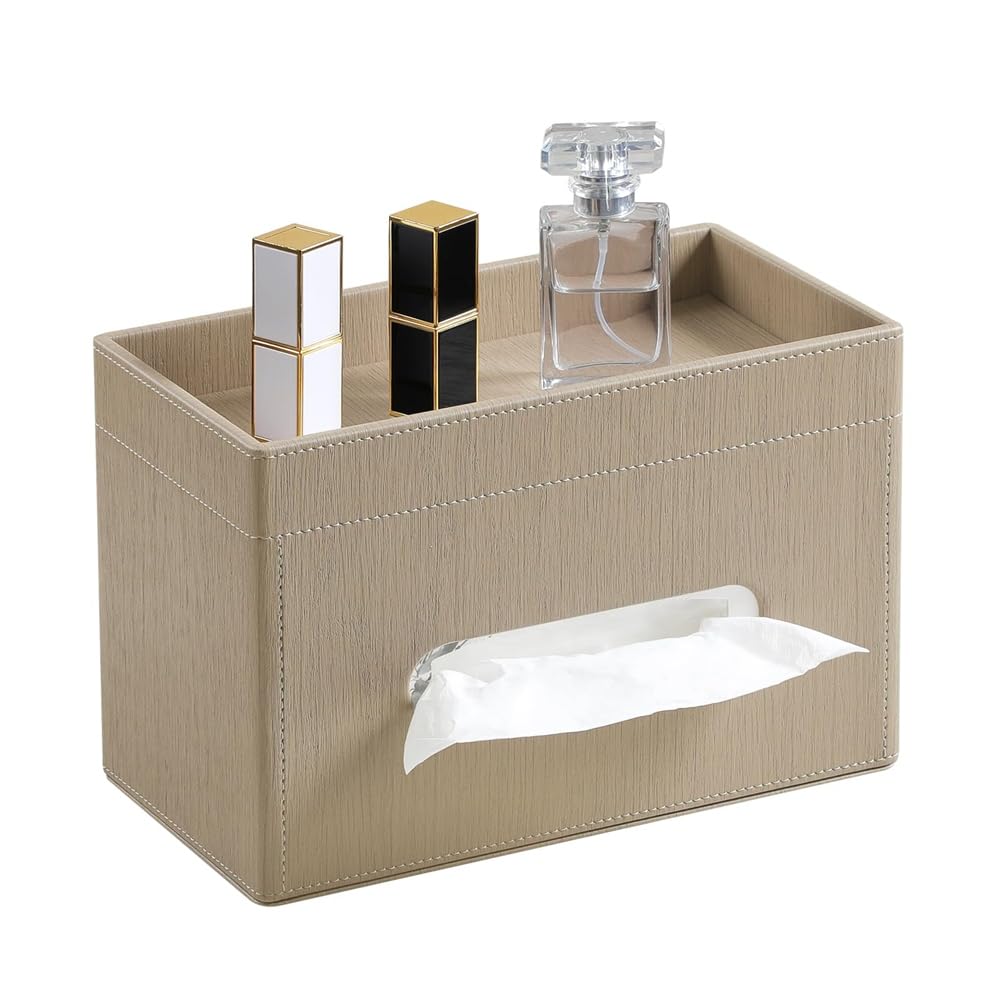 CTRLZS Plus Size Tissue Box Cover Rectangle, PU Leather Tissue Box Holder with Storage Tray, Organizer Tissue Holder Wooden