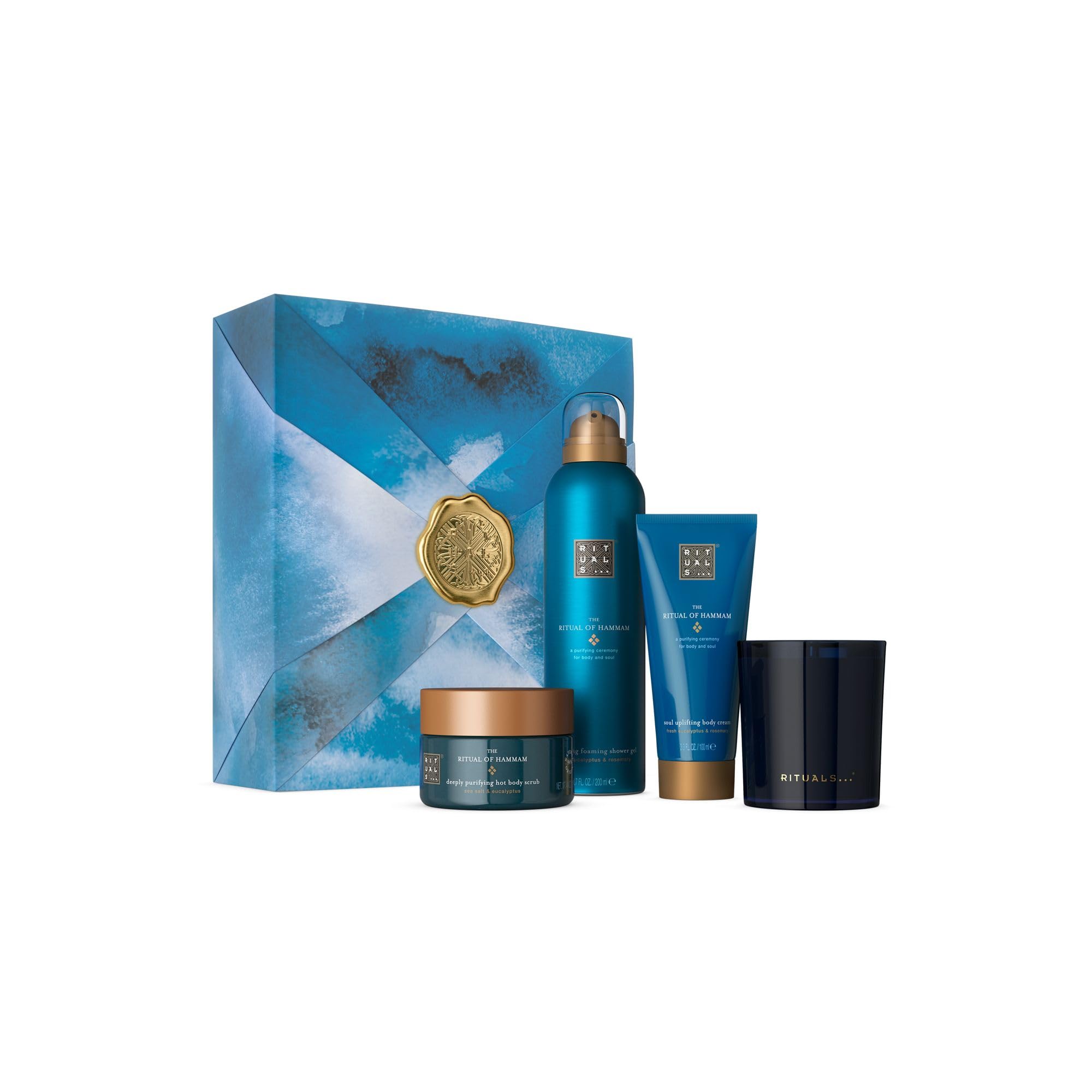 RitualsGift Set The Ritual of Hammam M - 4 Home and Skincare Products Enriched with Eucalyptus, Argan Oil, and Rosemary - Bath Gift Box with Purifying Properties, Blue