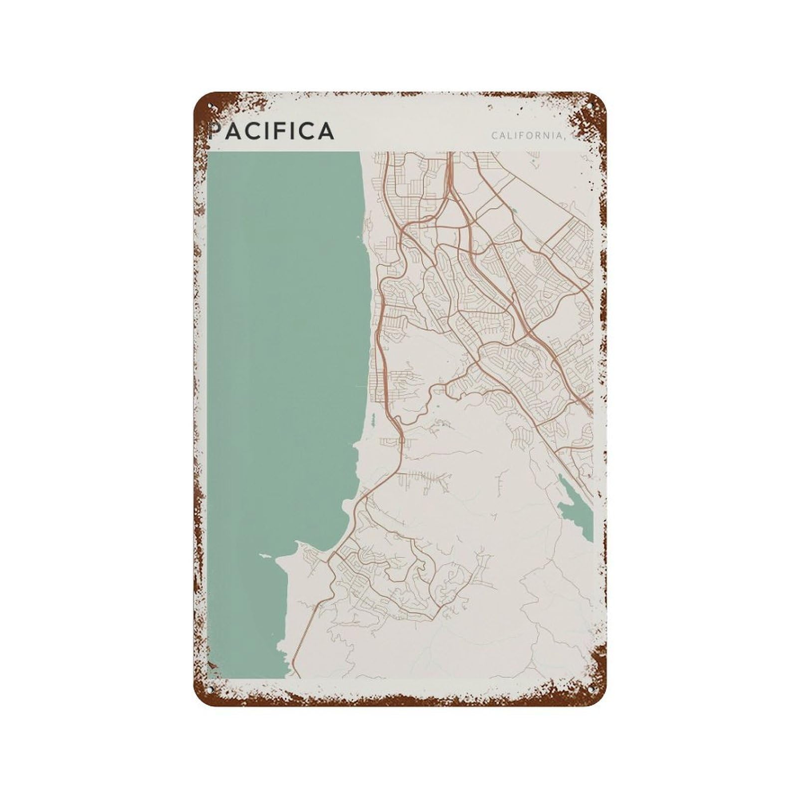 xiaoxiaoshen Pacifica Map California Travel Gift Minimalist Wall Decor Art Metal Tin Poster Modern Home Decor Art Home Bar Shop Decorations Vintage Sign 30x20cm