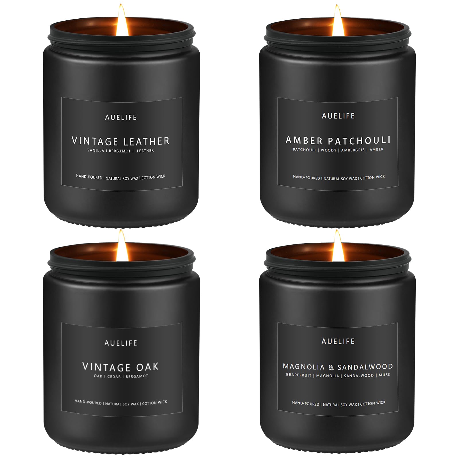 Scented Candles Set | Candles for Men, Candles for Home Scented, Gifts for Men - 4 Pack Mens Candles Gifts Soy Candles Scents of Leather/Vintage Oak/Amber Patchouli/Magnolia & Sandalwood