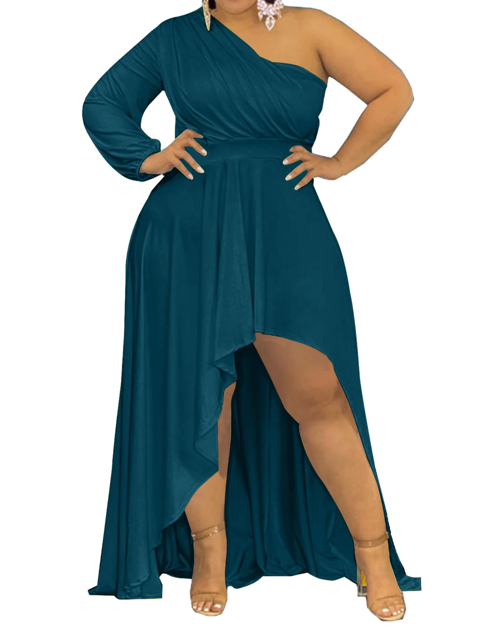 Ekaliy Women's Plus Size One Shoulder Maxi Irregular High Low Formal Dress | Stretchy fabric, high waist stretch waistband, ruffle side slit hem, single long sleeve, plus-size fit for cocktail events.