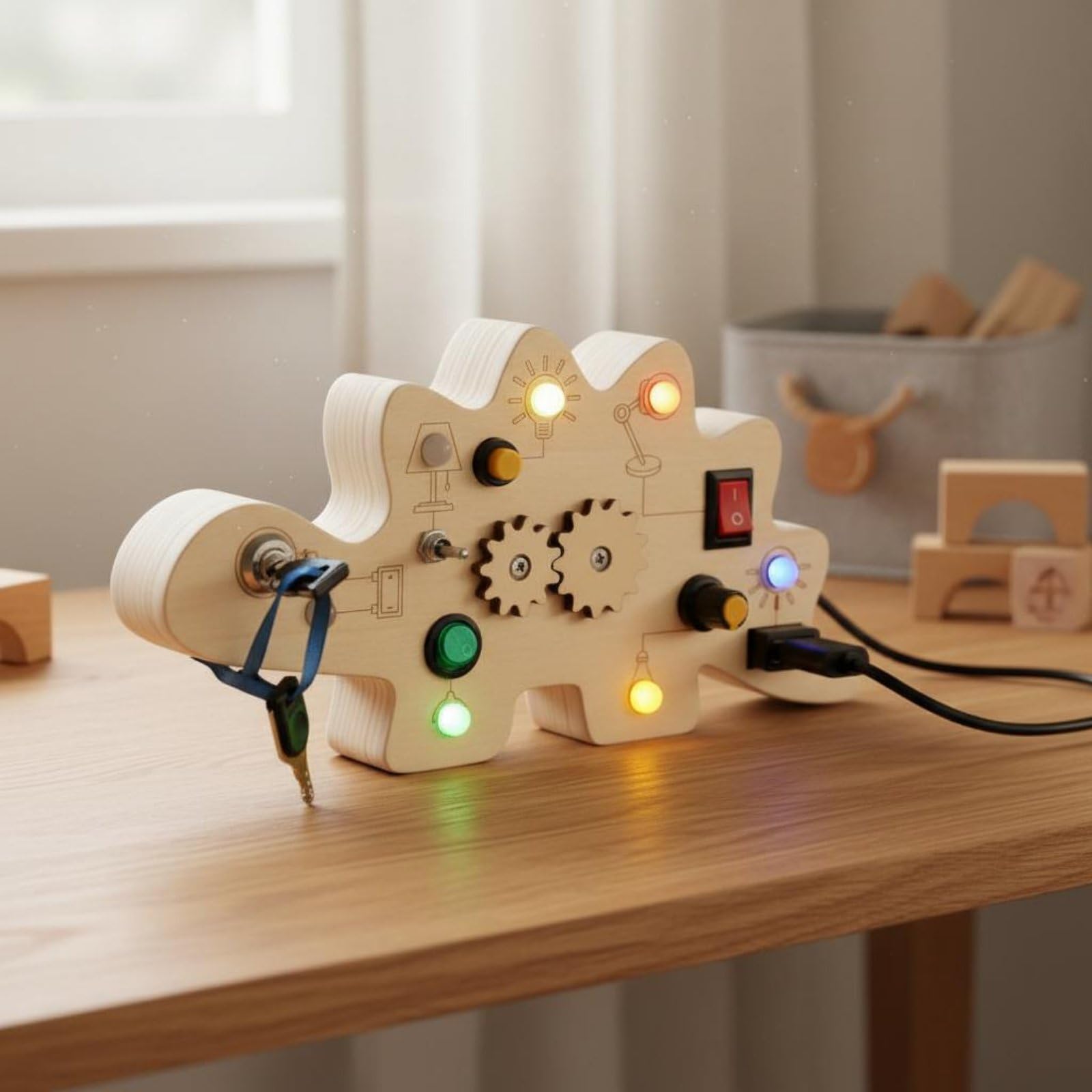 MagiDeal Learning Board Tavola Didattica Sensoriale Pannello attività in Legno con Ingranaggi E Luci LED Adatta a Abilità Fini Curiosità Casa Scuola, Grande+QuadroSwitch