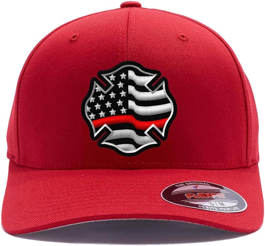 Custom Embroidered Thin Red Line and Firefighter Flag. 6477 and 6277 Flex Fitted Baseball Cap Wooly Combed Twill Cap
