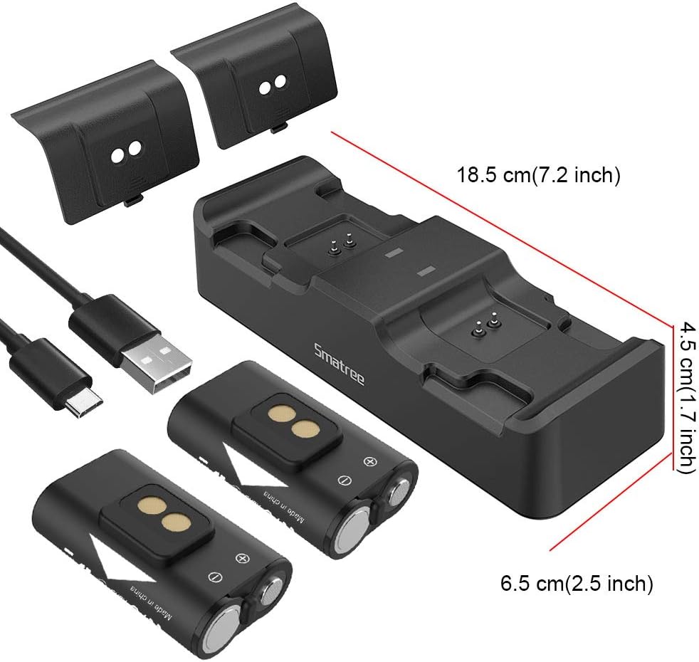 Smatree Controller Charger Station Compatible with Xbox One/Xbox One X/Xbox One S/Xbox One Elite Wireless Controller Rechargeable Batteries 2 Pack with Dual Charging Station, Black, 2600mAh