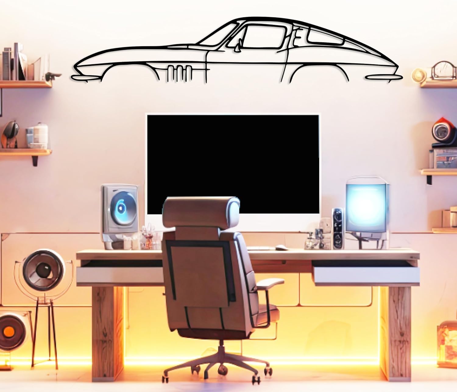 DecoSoul Corvette C2 Classic Model Silhouette Metal Car Wall Art, Sports Car, Automotive Silhouette Line Decoration, Minimalist Sculpture for Garage,