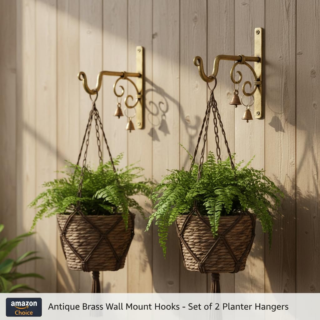 Lamcy Plaza Decorative Wall Brackets - 7.5 Inch (Pack of 2) - Hand Forged Antique Golden Brass Heavy Duty Metal Wall Hangers for Hanging Plants, Lanterns, Bird Feeders, Chimes - Indoor Outdoor Use 2