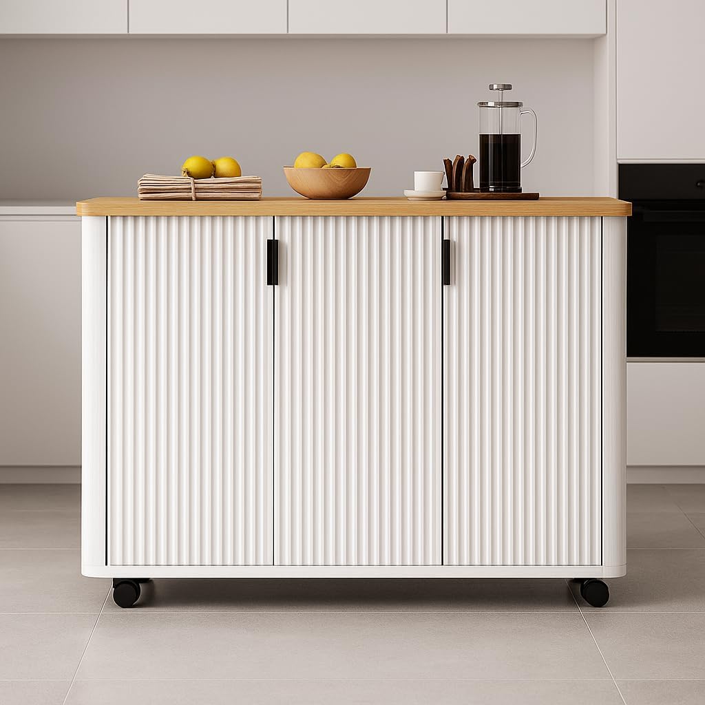 K&K 51" Fluted Kitchen Island with Drop Leaf, Farmhouse Accent Kitchen Island on Wheels with Internal Storage Rack, Rolling Kitchen Cart with Towel Rack for Kitchen, Dining Room, White Ash