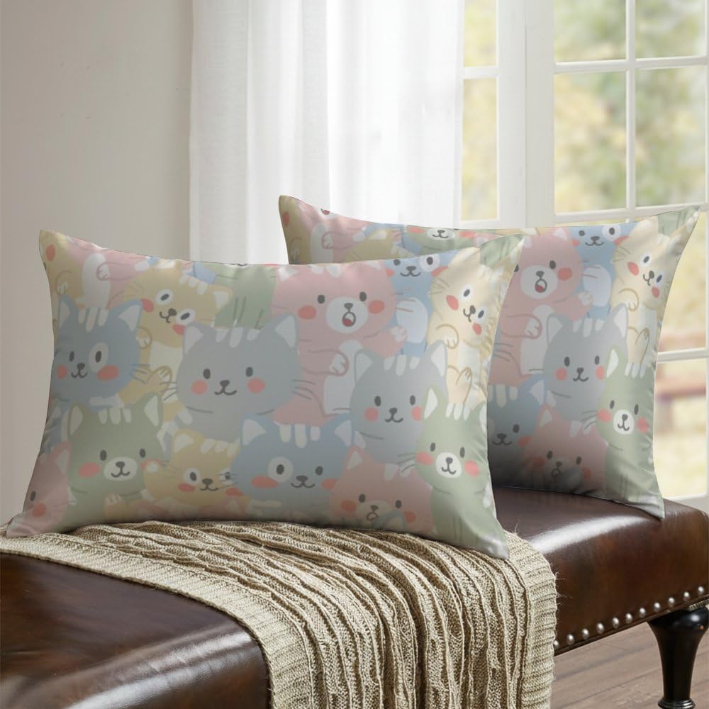 Pastel Colorful Cute Kitty Cat Pillow Cover, 2 Pack Silky Pillow Case Satin Pillowcase with Zipper Bedroom Essentials Camping Cover for Teen Girls Cute Room Decor 20 × 28 inch