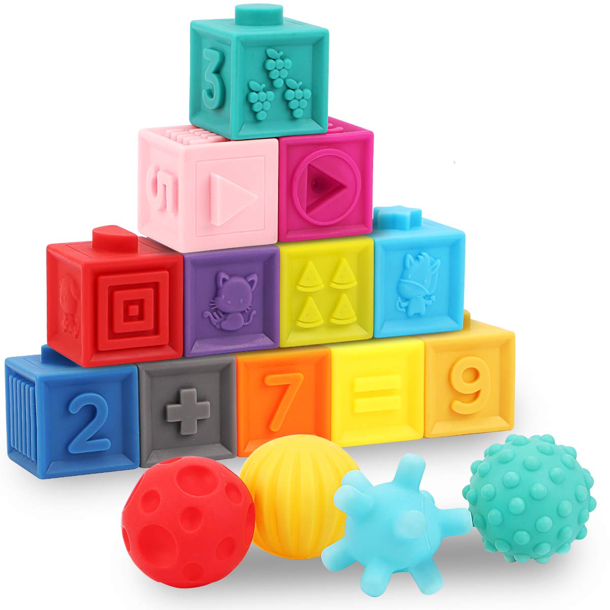 GILOBABY 16 PCS Baby Soft Blocks Sensory Balls Set, Stacking Building Blocks Squeeze Toys, Baby Teething Bath Toys with Numbers Animals Shapes Textures for Toddlers