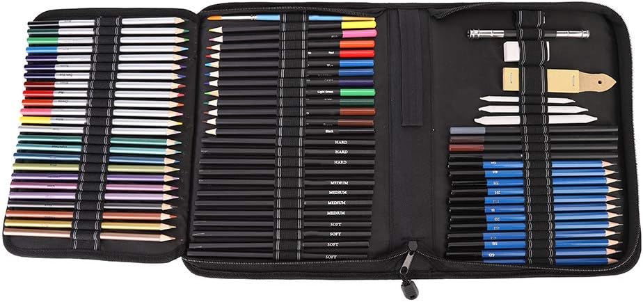 Zerodis 72pcs Sketching Drawing Colored Pencil Art Charcoal Pencil Eraser Set, Portable Carrying Bag, for Painting, Sketching, Carbon Painting
