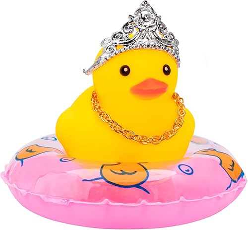 wonuu Adorno de pato para decoración de tablero de automóvil, accesorios de goma con collar de perlas, corona, mini anillo de natación y lentes de