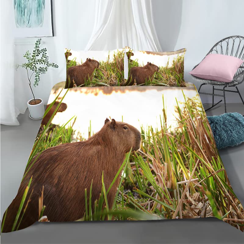 Parure de lit capybara 240x260 cm en microfilbre verte avec 2 taies d'oreiller