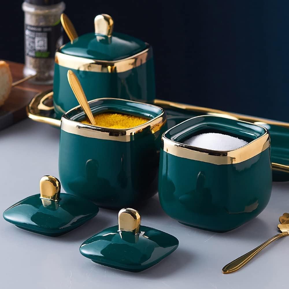Artwork Ceramics Porcelain Seasoning Bowl 3pcs Set Condiment Pots Containers Spice Jars with Spoon - Spice Boxes with Lids, Sugar Salt Storage Container for Kitchen (Green)