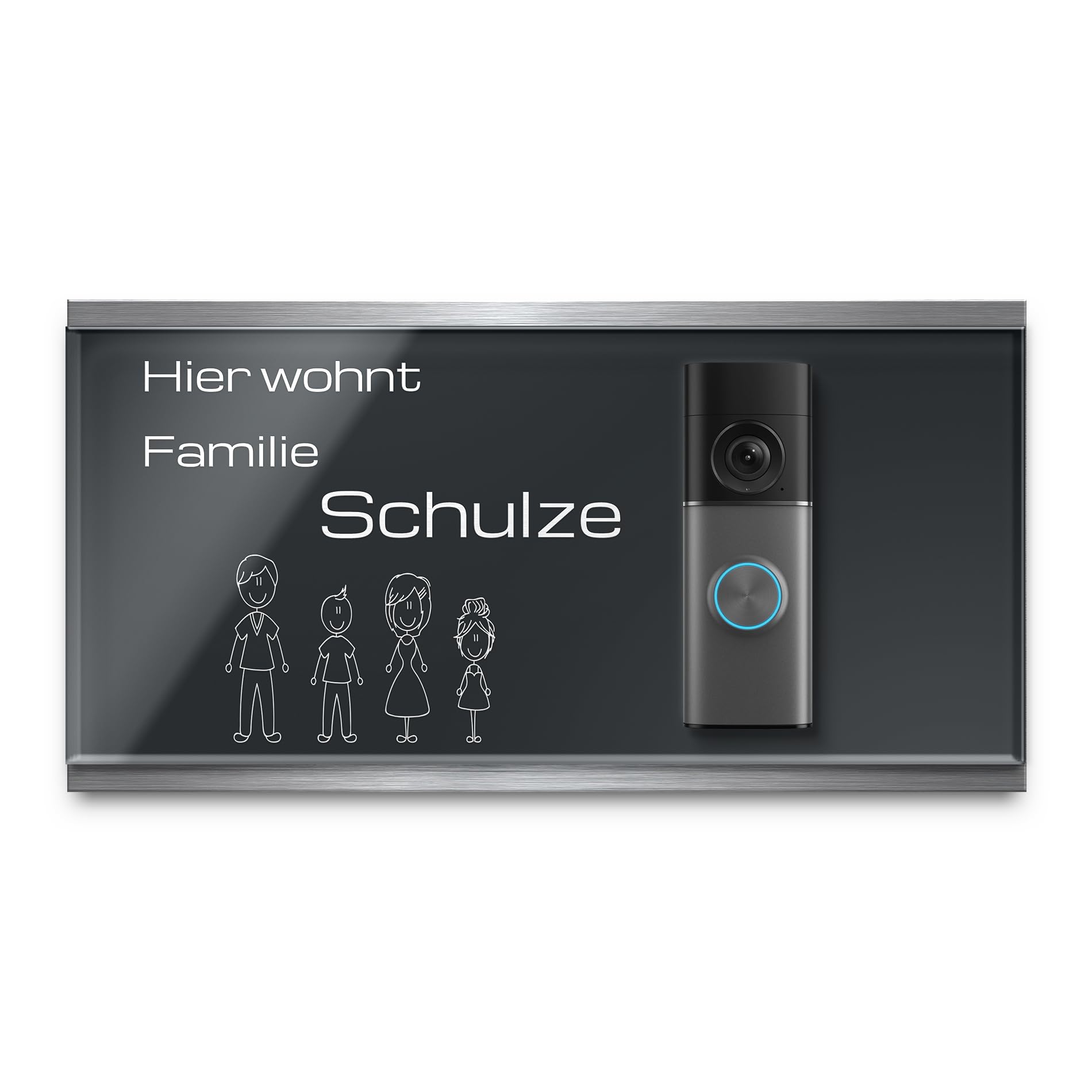 Elegantes Klingelschild für alle gängigen Video Türklingeln - aus Edelstahl und Acrylglas - Kompatibel mit verschiedenen Funkklingeln - Namensschild als Klingelverkleidung