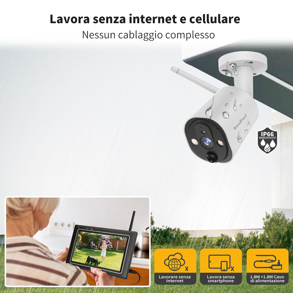 SecuFirst Kit Telecamere Videosorveglianza Esterno,Con monitor Touch Screen da 7",Lavora senza wifi,2K telecamere senza fili da esterno.64 GB di memoria,Nessun costo di abbonamento.