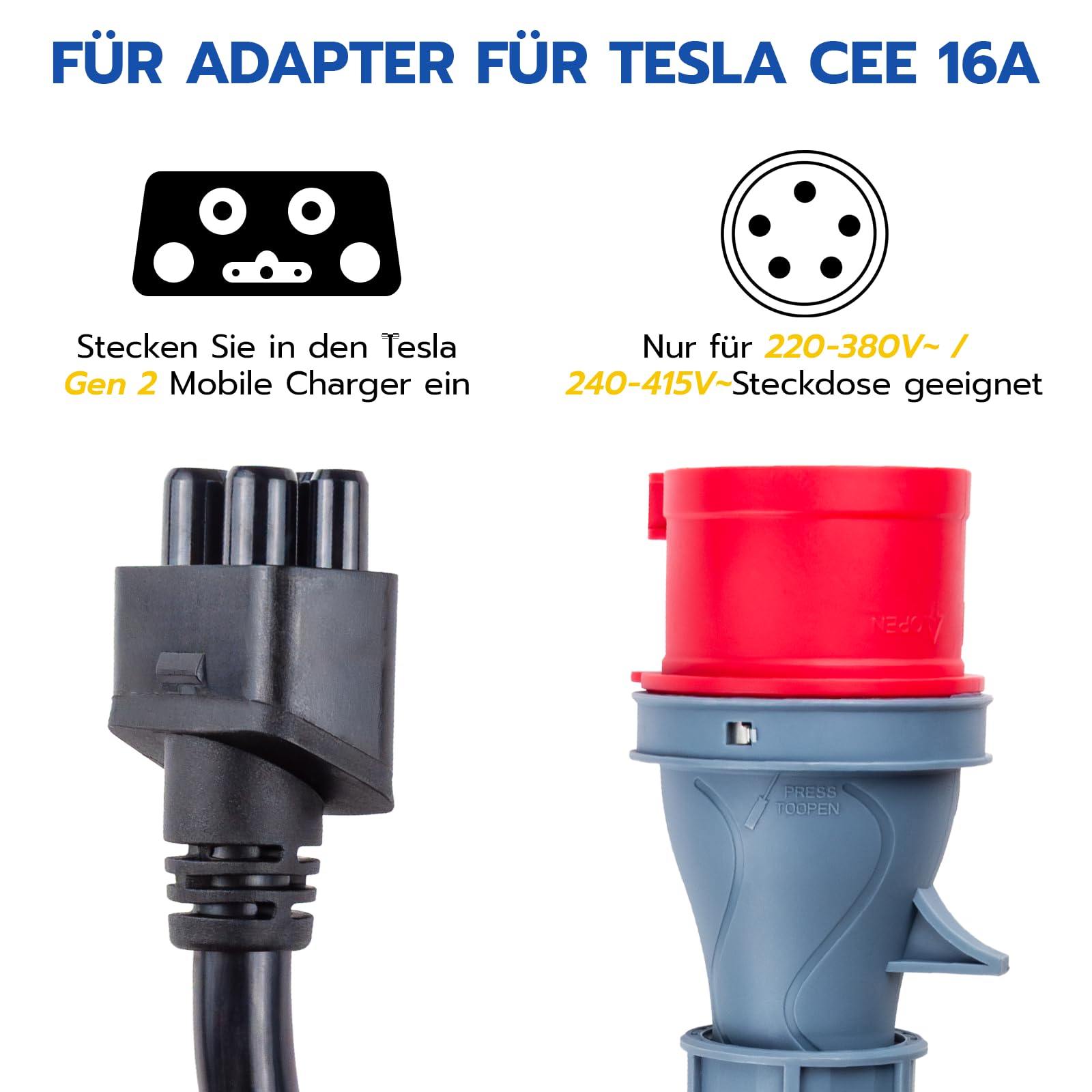 adattatore Tesla su adattatore CEE 5 Pin 16A, 0,3 m cavo di prolunga CEE portatile, adattatore caricatore Tesla per EV (5 Pin 16A)