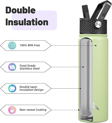 Miniatura 4 de Botellas de acero inoxidable de 22 onzas con 3 tapas, Botella de agua con aislamiento térmico deportiva, color verde macarrón