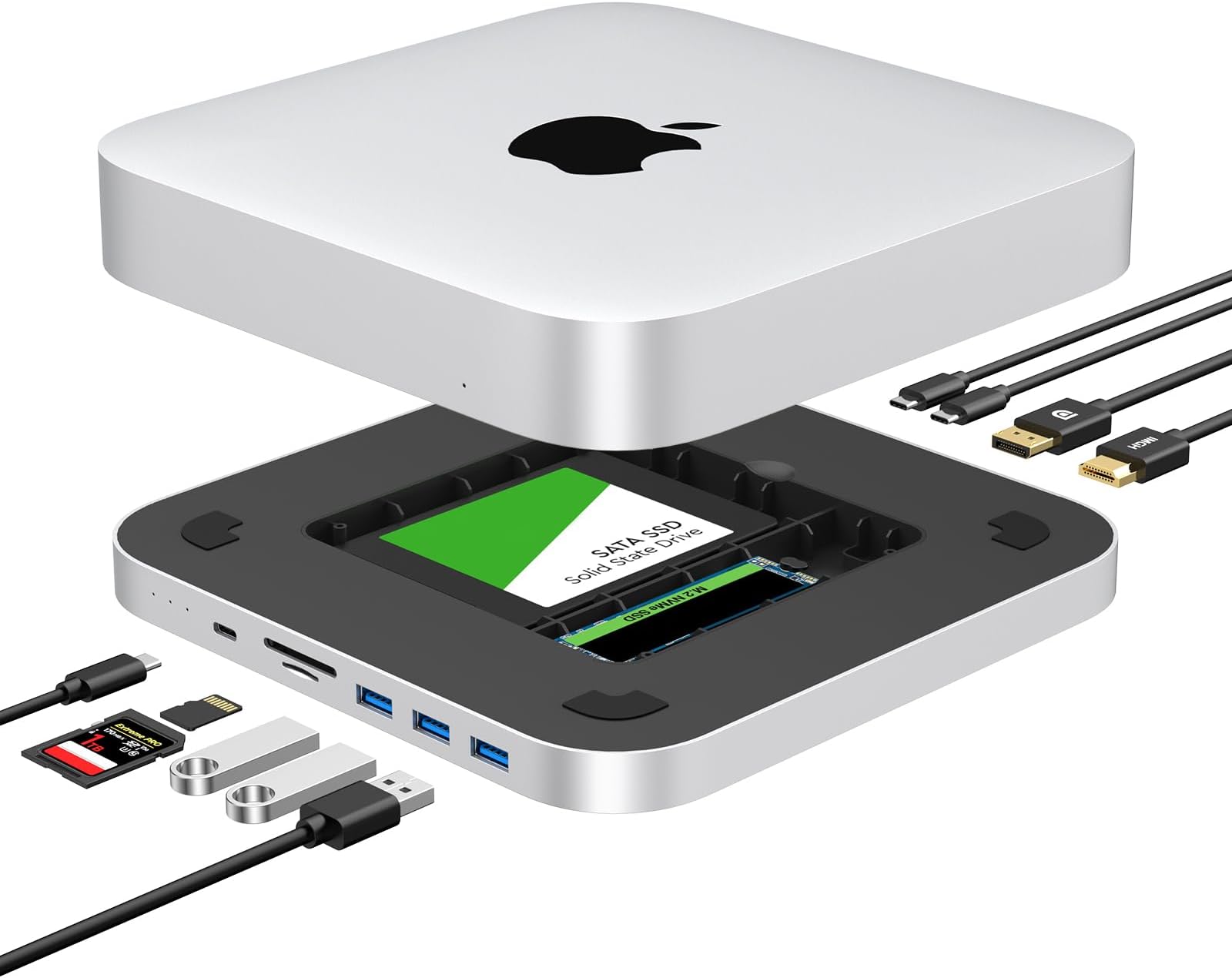 Mac mini Dock, USB-C Docking Station with Dual SSD Enclosures, Compatible with 2.5-inch SATA HDD and NVMe M.2 SSD, Mac mini Hub with 4K HDMI & DisplayPort, USB A/C Ports, TF/SD Card Reader